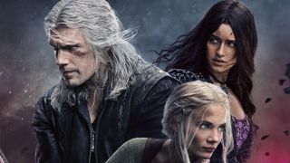 (L to R) Henry Cavill as Geralt, Freya Allan as Ciri and Anya Chalotra as Yennefer in key art for The Witcher