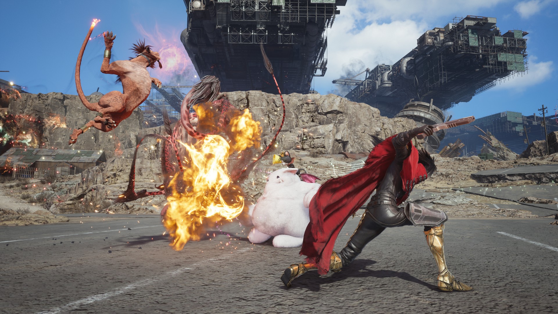 Red XIII, Cait Sith, and Vincent fight a monster in Final Fantasy 7 Revelation