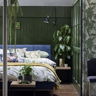 bedroom with green wall blue bed with designed cushion and wooden flooring