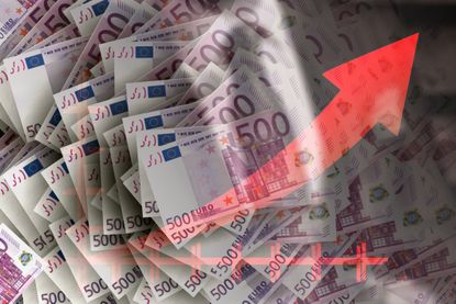 rising red arrow and euro banknotes