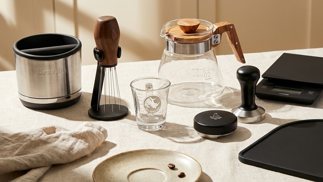 A selection of coffee-making accessories on a table