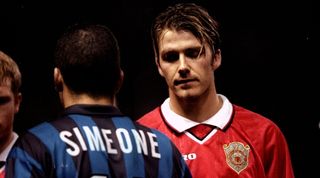 David Beckham and Diego Simeone shake hands after Manchester United's 2-0 win over Inter in the Champions league in 1999.