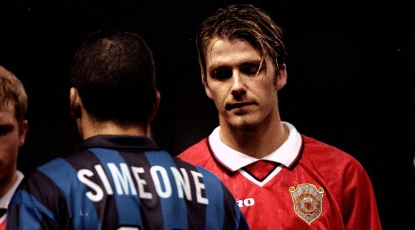 David Beckham and Diego Simeone shake hands after Manchester United&#039;s 2-0 win over Inter in the Champions league in 1999.