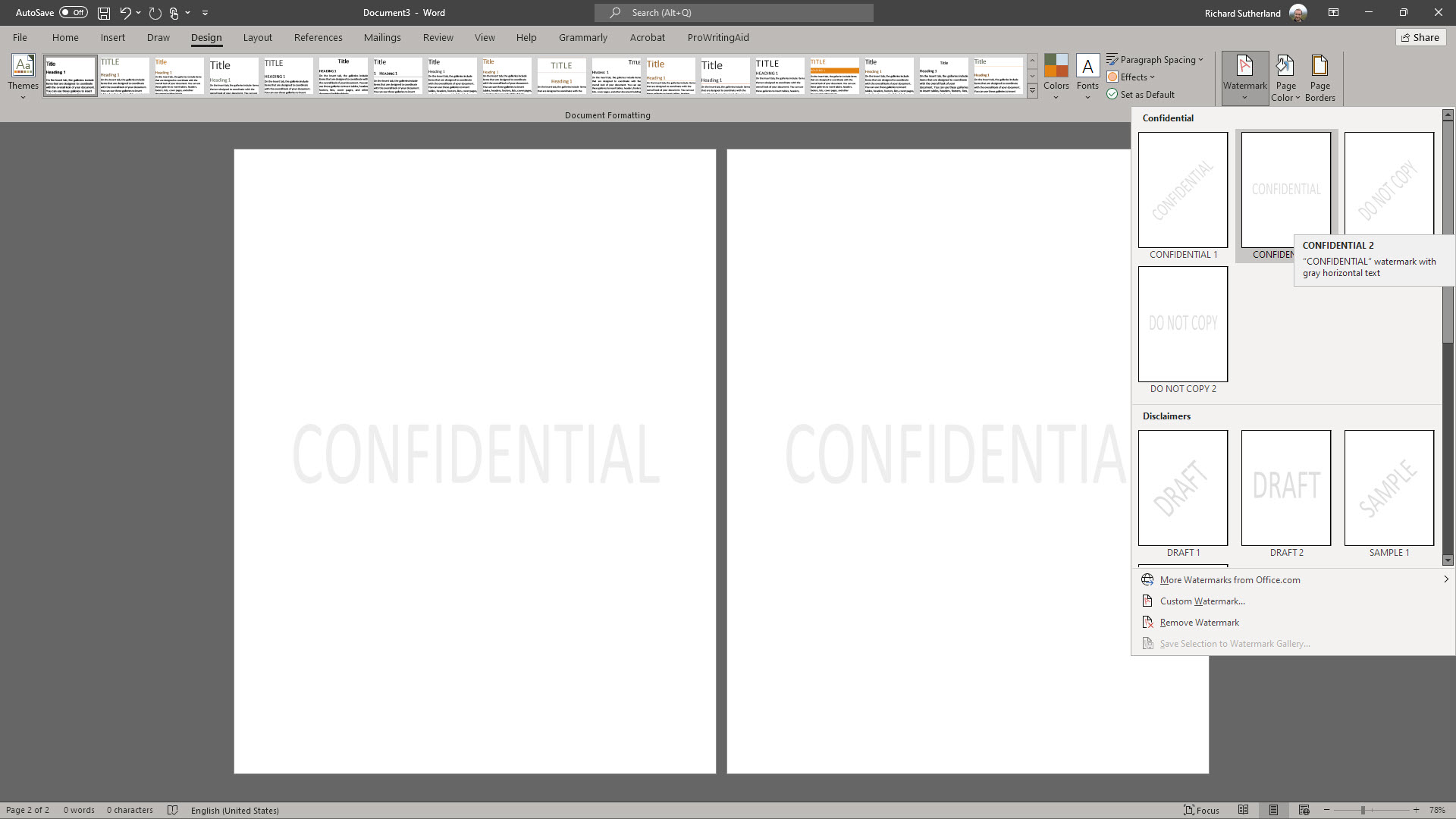 Screenshot of how to insert a template watermark in Word