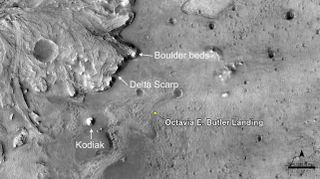 This image from the HiRISE camera onboard NASA’s Mars Reconnaissance Orbiter shows an orbital view of the delta fan in Jezero Crater and the Perseverance rover’s landing site, informally named Octavia E. Butler. The hill named Kodiak, the Delta Scarp and the location of boulder-rich material are also depicted.