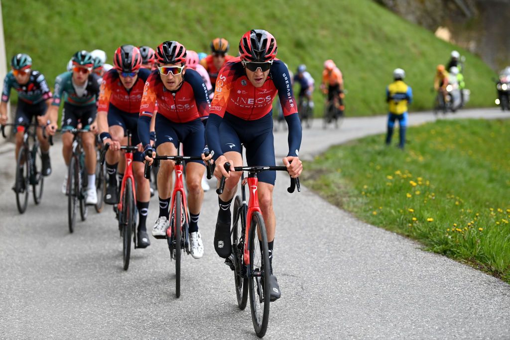 ALPBACH AUSTRIA APRIL 17 LR Geraint Thomas of United Kingdom and Laurens De Plus of Belgium and Team INEOS Grenadiers lead the peloton during the 46th Tour of the Alps 2023 Stage 1 a 1275km stage from Rattenberg to Alpbach 984m on April 17 2023 in Alpbach Austria Photo by Tim de WaeleGetty Images