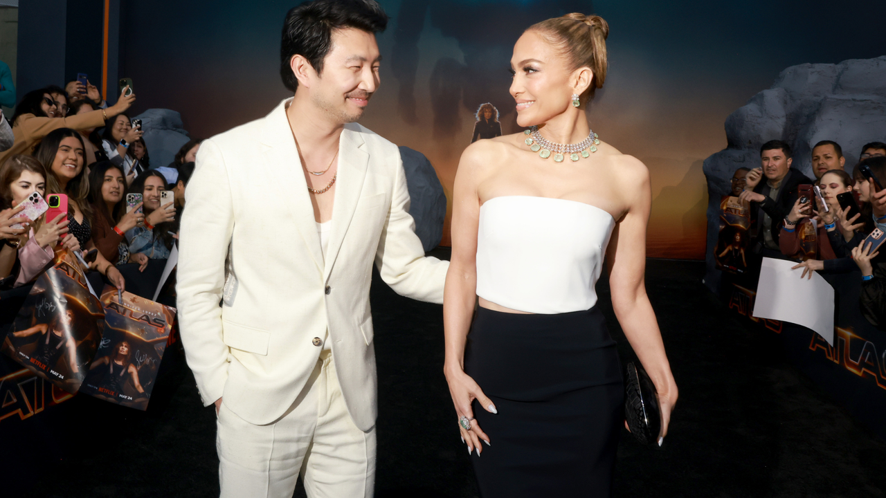 Simu Liu and Jennifer Lopez attend the premiere of Netflix&#039;s &quot;ATLAS&quot; at The Egyptian Theatre Hollywood on May 20, 2024 in Los Angeles, California