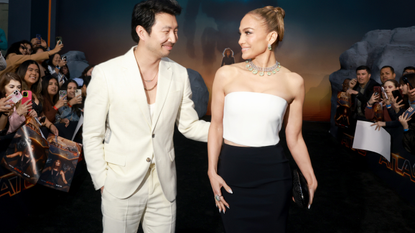Simu Liu and Jennifer Lopez attend the premiere of Netflix's "ATLAS" at The Egyptian Theatre Hollywood on May 20, 2024 in Los Angeles, California