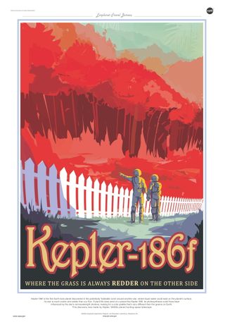 A travel poster produced by NASA/JPL-Caltech depicts exoplanet Kepler-186f, the first one to potentially harbor liquid water. The image suggests a world where a red sun has created plant life much different in color than the greenery of Earth. Image released Dec. 30, 2014.