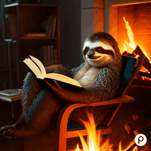 A sloth in a chair reading a book next to a fireplace