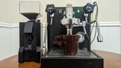 Seattle Coffee Gear Diletta Bello+ Espresso Machine on a table making an espresso