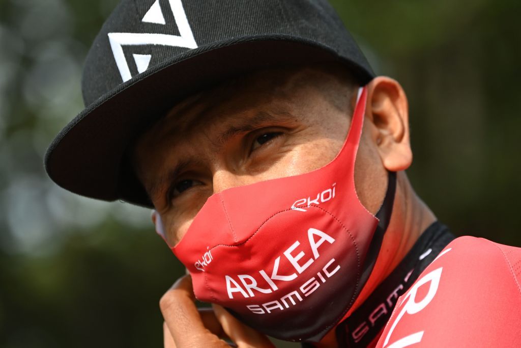 Team Arkea Samsic rider Colombias Nairo Quintana wears a face protective mask as he waits prior to the first stage of the 72nd edition of the Criterium du Dauphine cycling race 2185 km between ClermontFerrand and SaintChristoenJarez on August 12 2020 Photo by AnneChristine POUJOULAT AFP Photo by ANNECHRISTINE POUJOULATAFP via Getty Images