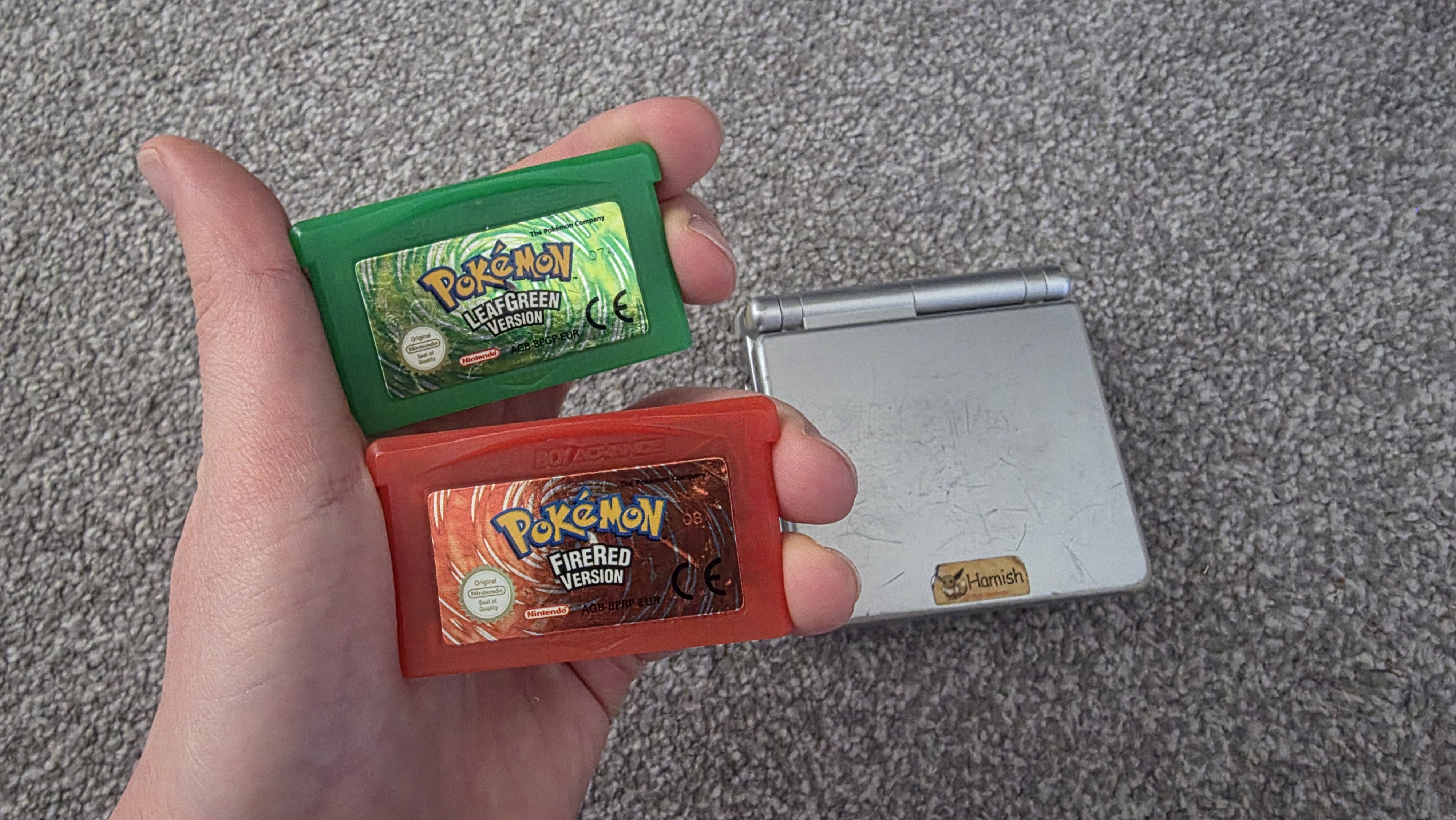 Hamish holding his Leaf Green and Fire Red GBA cartridges