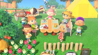 Ett gäng spelare sitter och fikar tillsammans på en somrig ö i Animal Crossing: New Horizons.