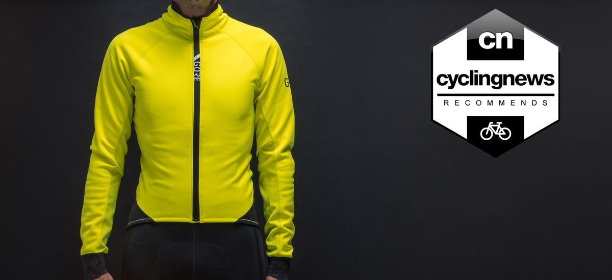 The front of the neon yellow Gore Wear C5 Gore-Tex Infinium Jacket