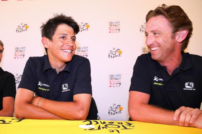 Esteban Chaves and Orica-Scott DS Matt White at the Tour de France press conference