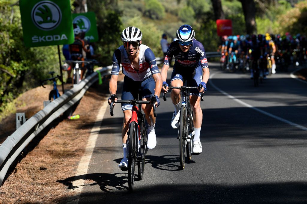 CORDOBA SPAIN AUGUST 26 LR Giulio Ciccone of Italy and Team Trek Segafredo and Jay Vine of Australia and Team AlpecinFenix compete in the breakaway during the 76th Tour of Spain 2021 Stage 12 a 175 km stage from Jan to Crdoba lavuelta LaVuelta21 on August 26 2021 in Cordoba Spain Photo by Tim de WaeleGetty Images