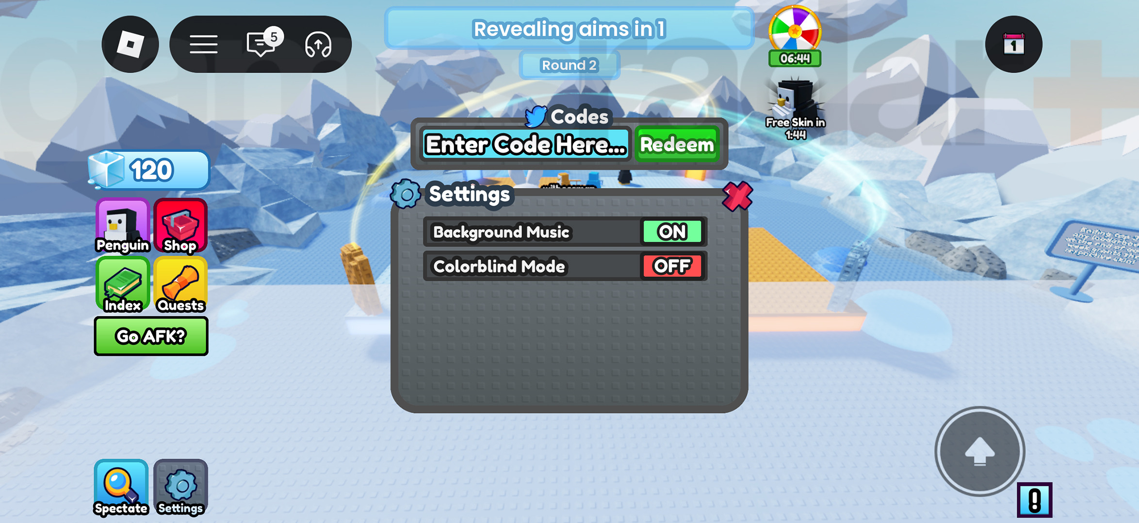 The menu to redeem Roblox Knockout codes