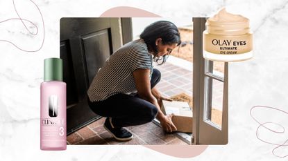 Image of a woman with brunette bob hair crouching in an open doorway and picking up a brown box parcel, on a white marble background with Clinique toner and Olay eye cream, pink details and swirls 