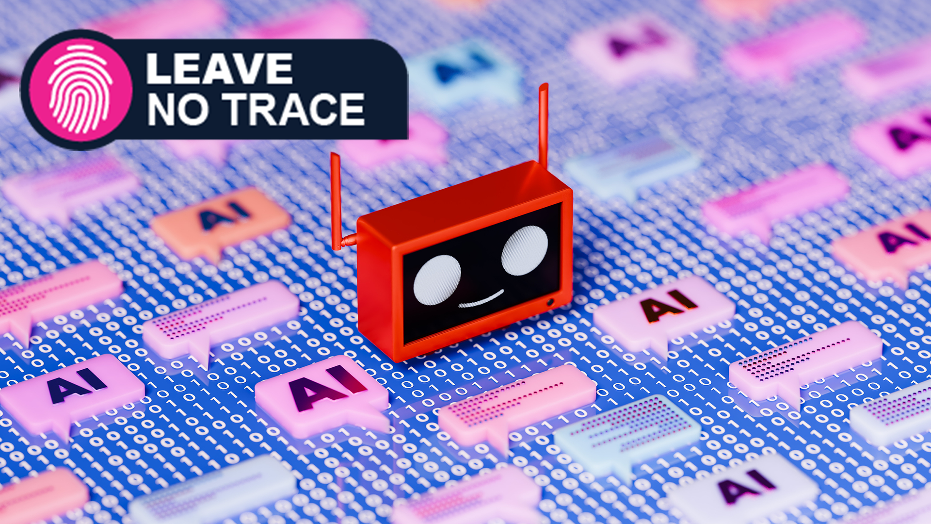 Red robotic AI head with antennas smiling on binary data surface among colorful AI speech bubbles + TechRadar's Leave No Trace logo on top left