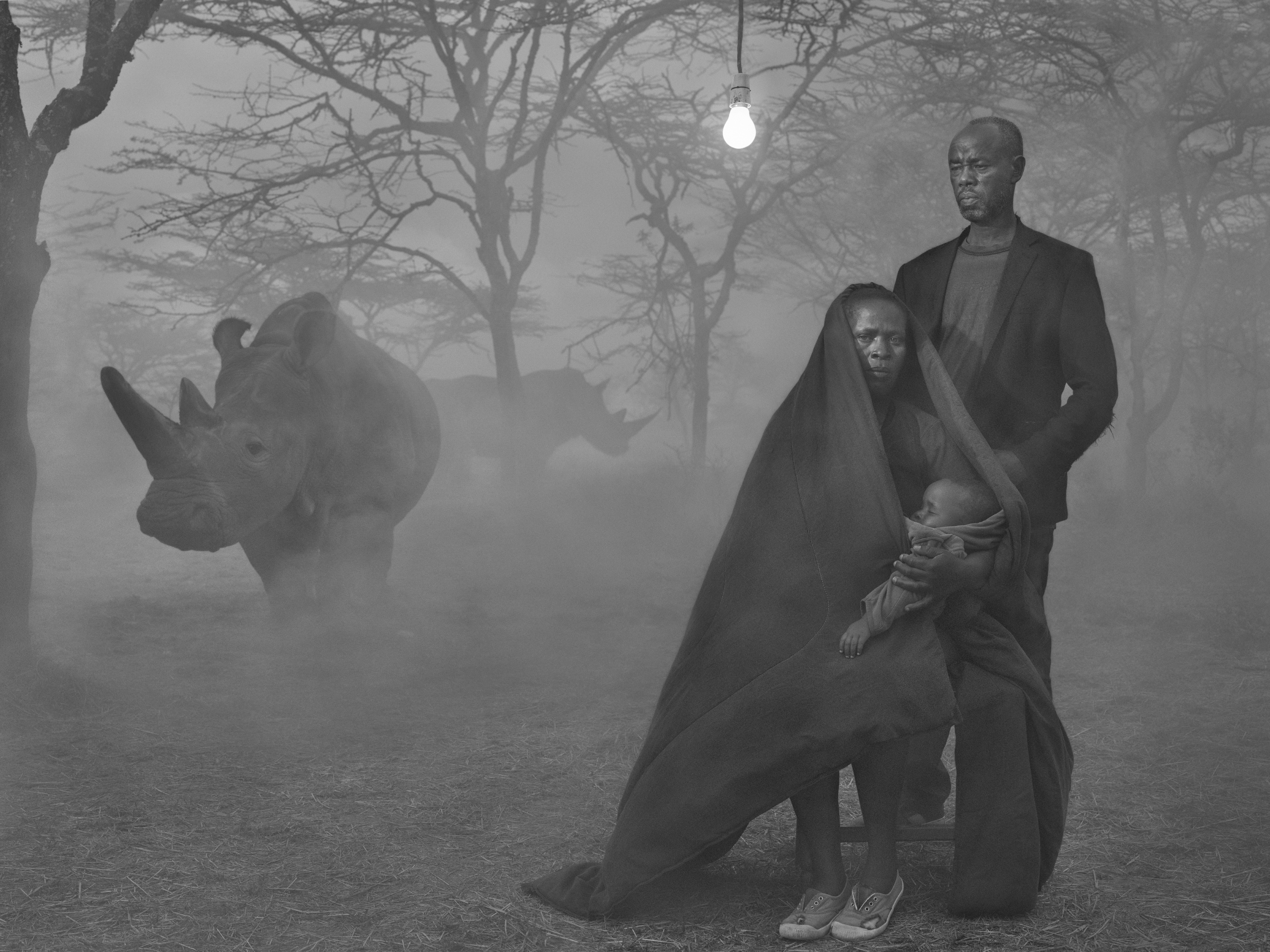 A man and a woman holding a child sit under a single hanging lightbulb in a foggy field, with a large rhinoceros standing behind them.