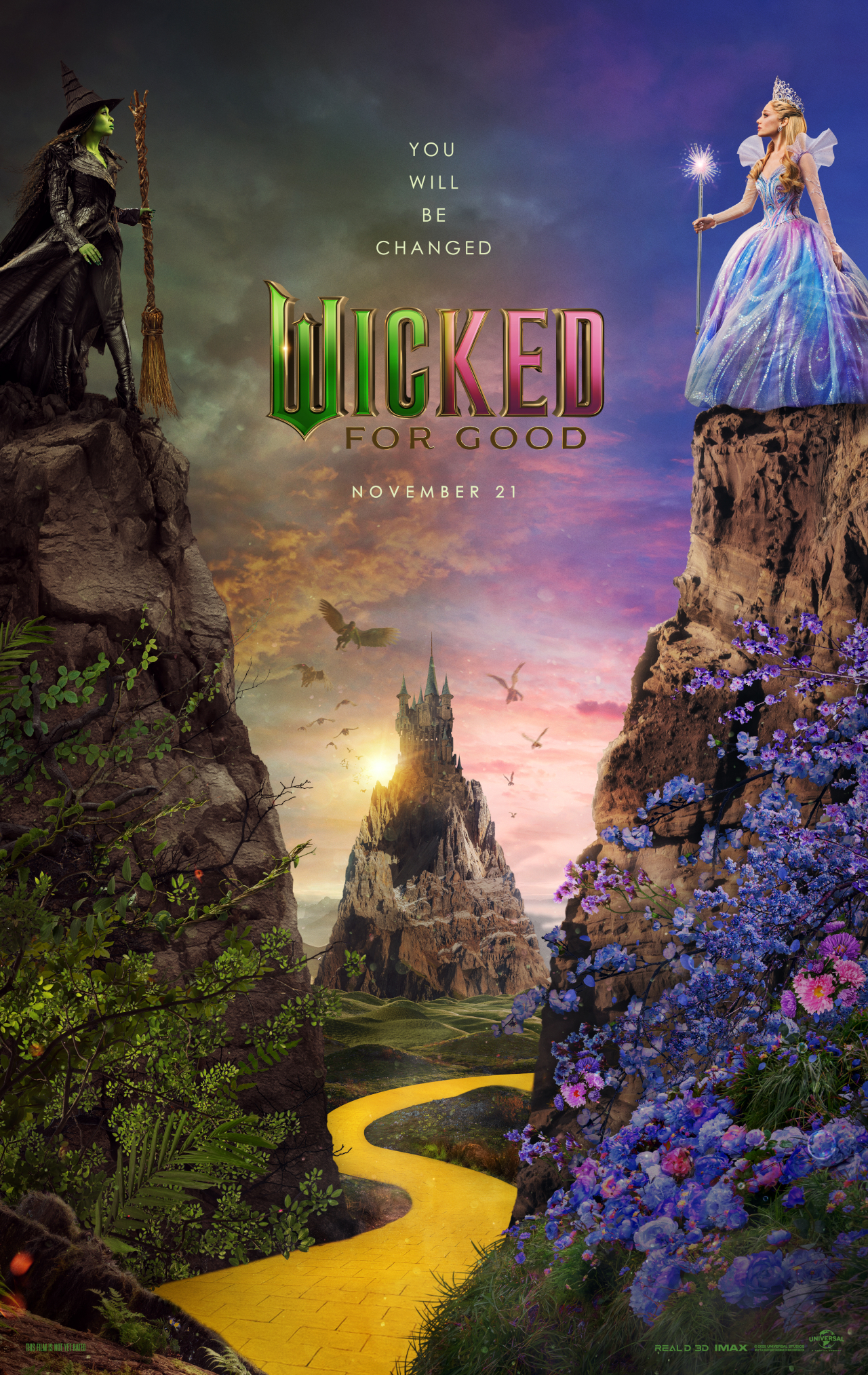 Cynthia Erivo and Ariana Grande separated by a chasm with the Yellow Brick Road, in the teaser poster for Wicked For Good.