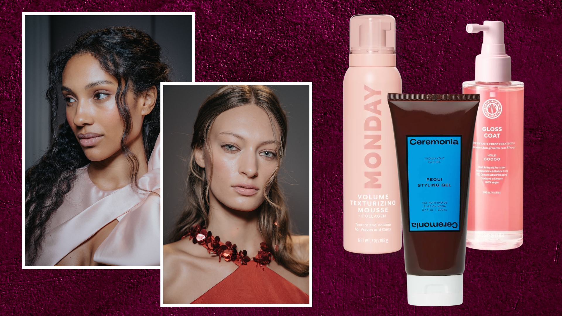 plum background with collage of hair products and two models with glowing skin