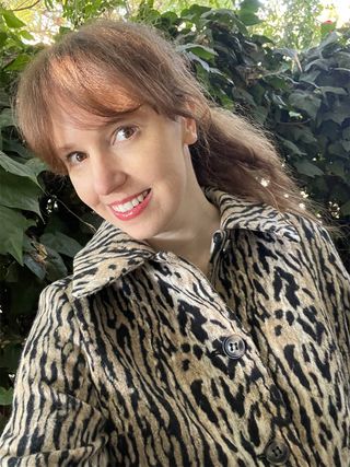 Erin Fitzpatrick wearing a leopard print Rixo jacket.