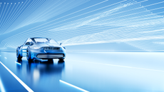 Blue electric vehicle speeding along a futuristic road, showcasing a dynamic flow of data. Capturing the essence of innovation, technology, and rapid advancements in transportation.