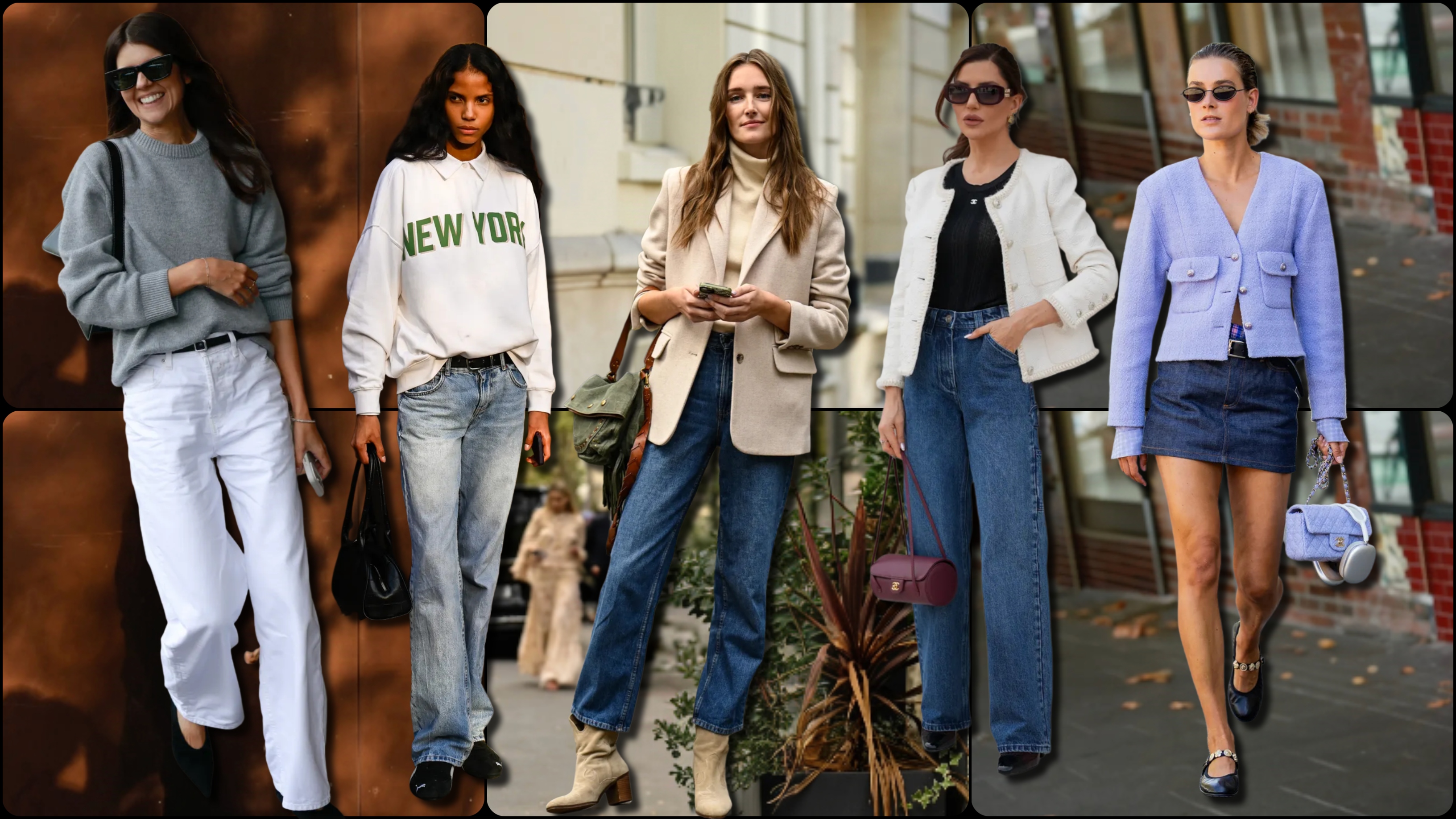 Transitional outfits featuring sweaters, blazers, jeans, white pants, denim shorts, loafers, and structured handbags.