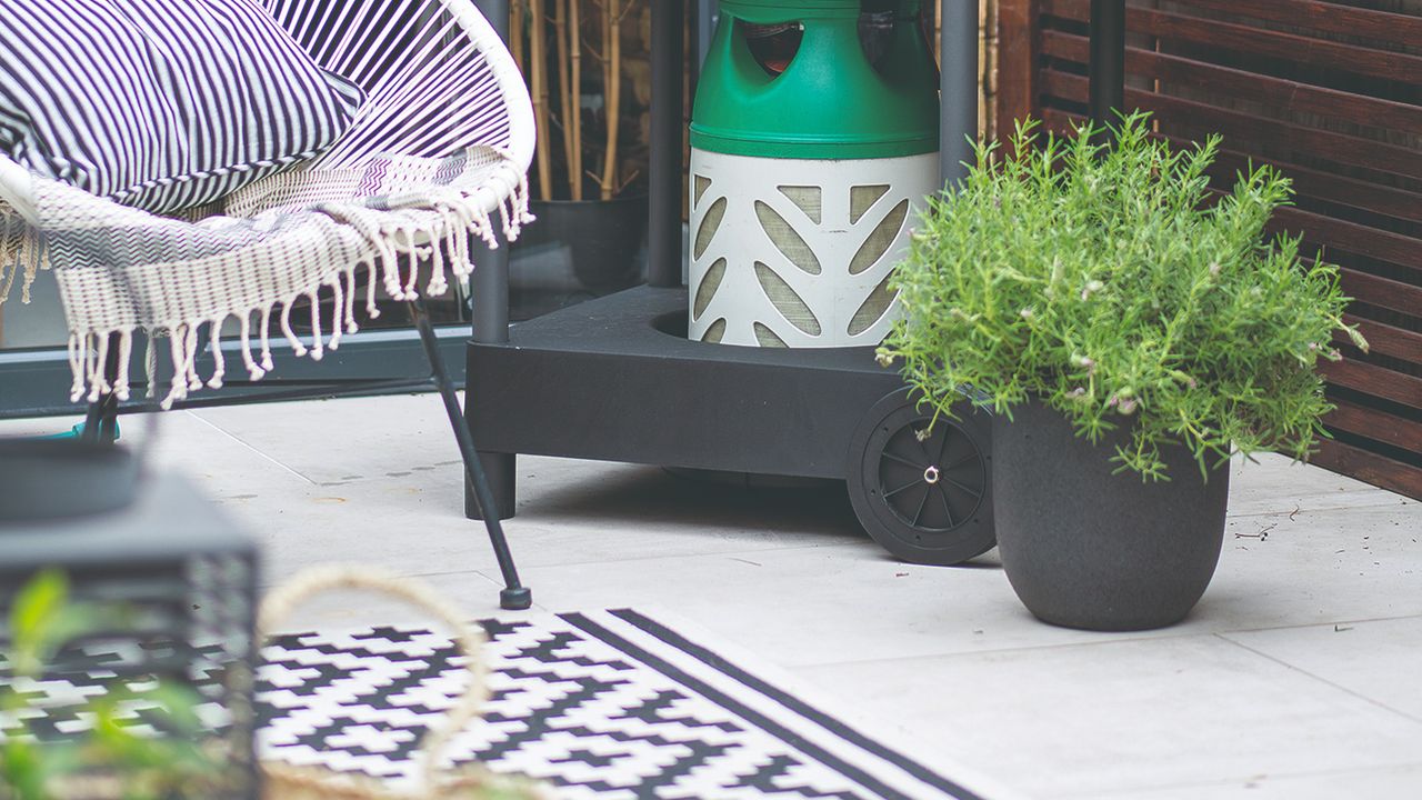 A patio with a barbecue and a rosemary plant