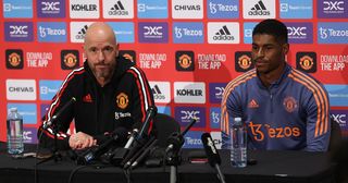 Manchester United coach, Erik ten Hag and Marcus Rashford of Manchester United speak to the media during a Manchester United media opportunity at AAMI Park on July 14, 2022 in Melbourne, Australia.