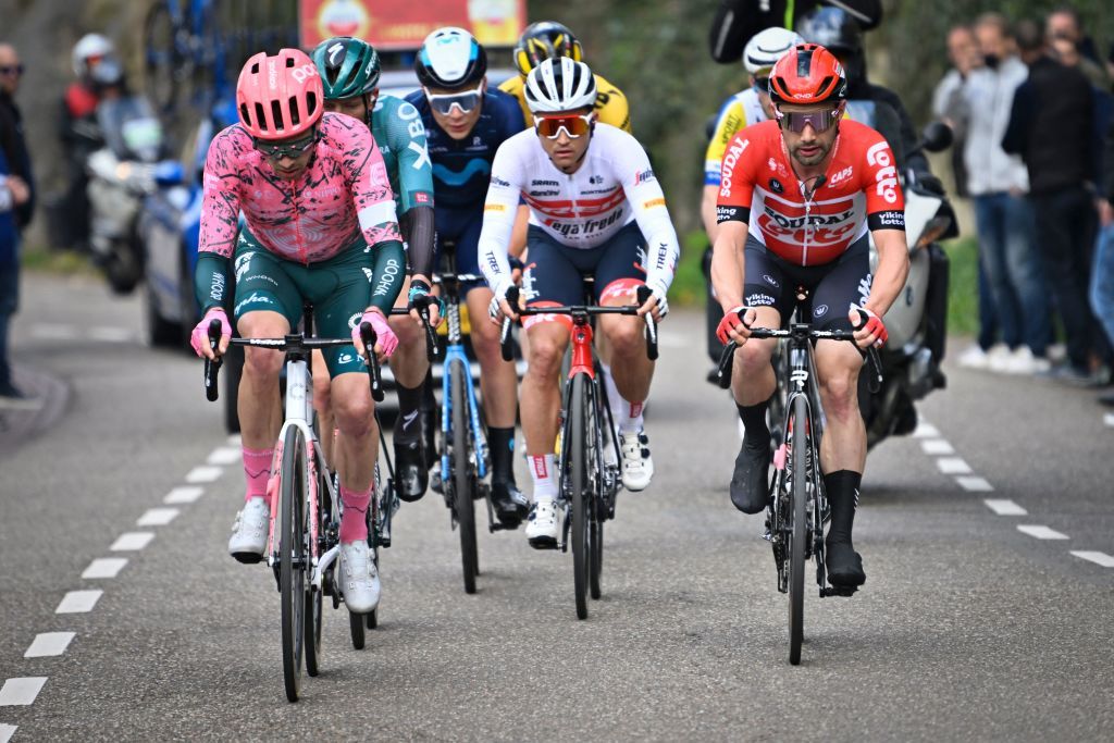 British Owain Doull of EF EducationEasyPost Dutch Ide Schelling of BoraHansgrohe Latvian Emils Liepins of TrekSegafredo and Belgian Victor Campenaerts of Lotto Soudal pictured in action during the men elite Amstel Gold Race one day cycling race 2541 km from Maastricht to Valkenburg The Netherlands Sunday 10 April 2022 BELGA PHOTO ERIC LALMAND Photo by ERIC LALMAND BELGA MAG Belga via AFP Photo by ERIC LALMANDBELGA MAGAFP via Getty Images
