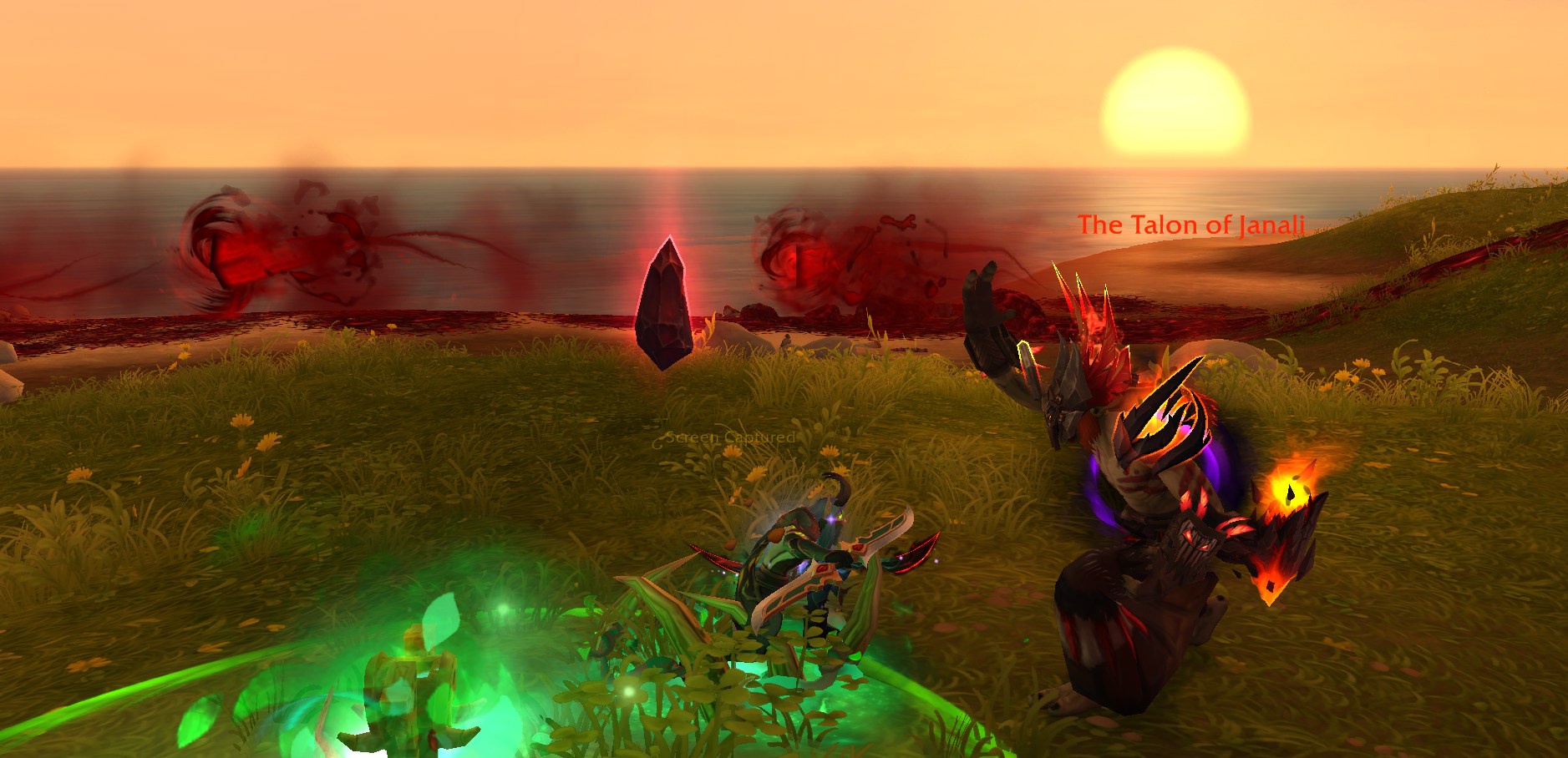 A screenshot of World of Warcraft: Midnight's Prey system. A player faces off against The Talon of Janai as the sun sets.