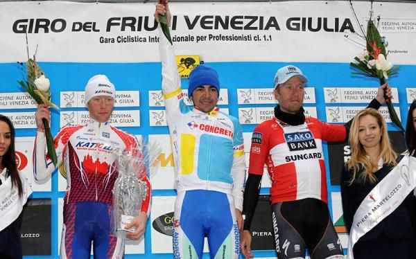 2011 Giro del Friulu podium (l-r): Pavel Brutt (Katusha), 2nd; Jose Serpa (Androni Giocattoli), 1st; Nicki S&ouml;rensen (Saxo Bank Sungard), 3rd