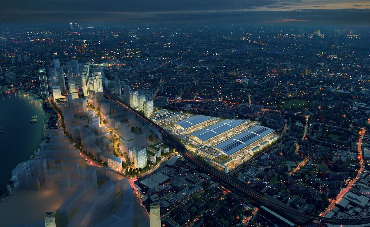 Halogen New Covent Garden computer-rendered and shown from the air at night