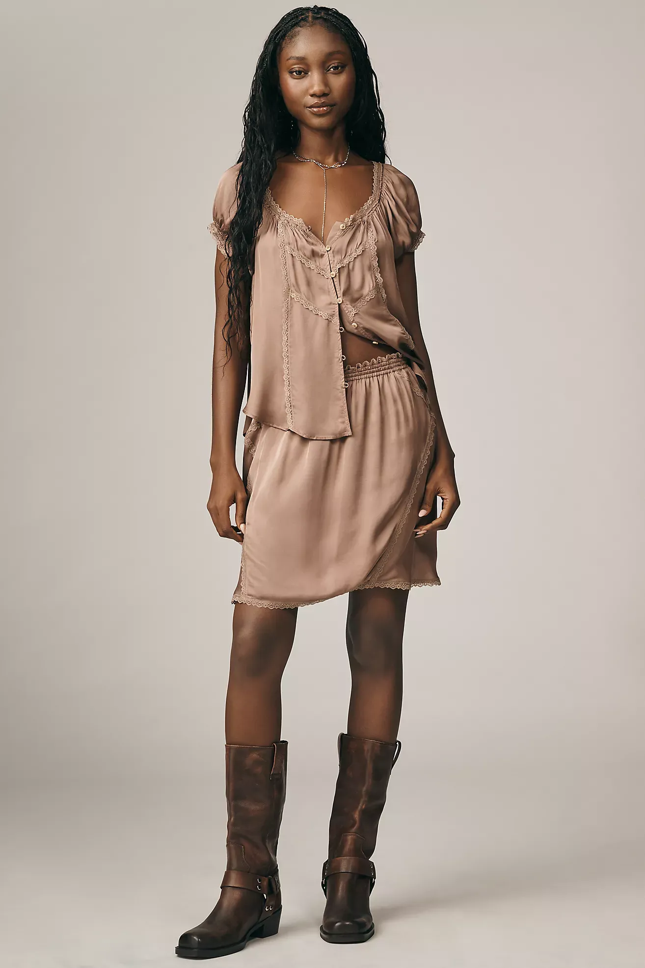 By Anthropologie Silky Lace-Trim Mini Skirt