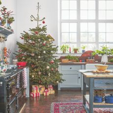 Cottage-style kitchen with a christmas tree in the corner