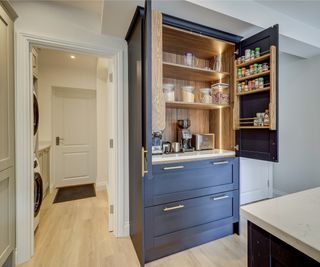 blue fitted pantry cabinet with drawers, shelving to back of door and worktop area for coffee machine and toaster