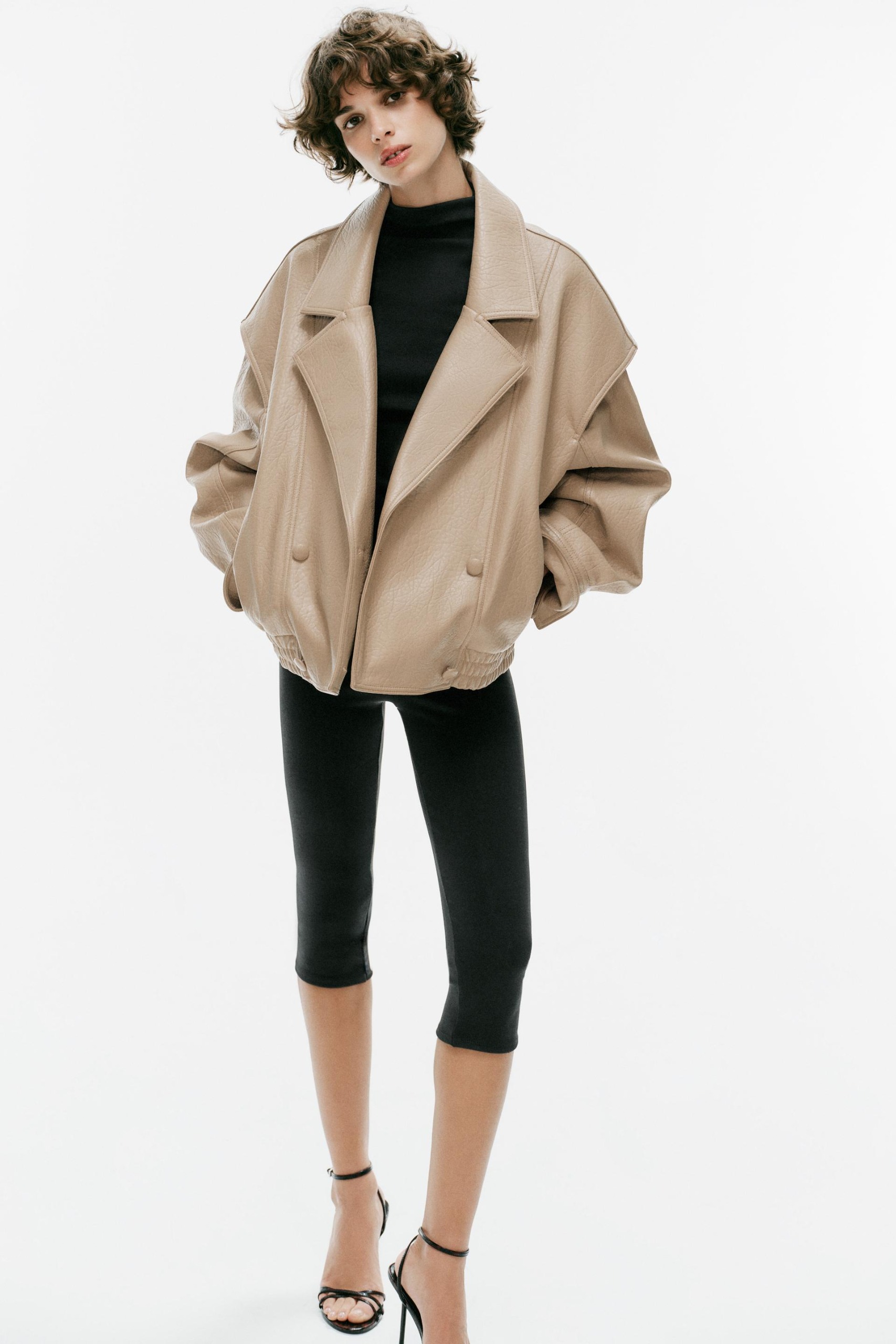 Leather Effect Bomber Jacket - Stone - Xs