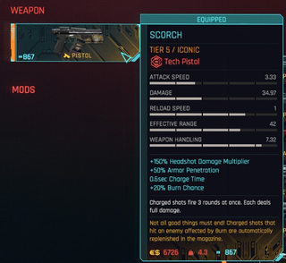 An image displaying the stats of Scorch, a weapon from Cyberpunk 2077: Phantom Liberty.