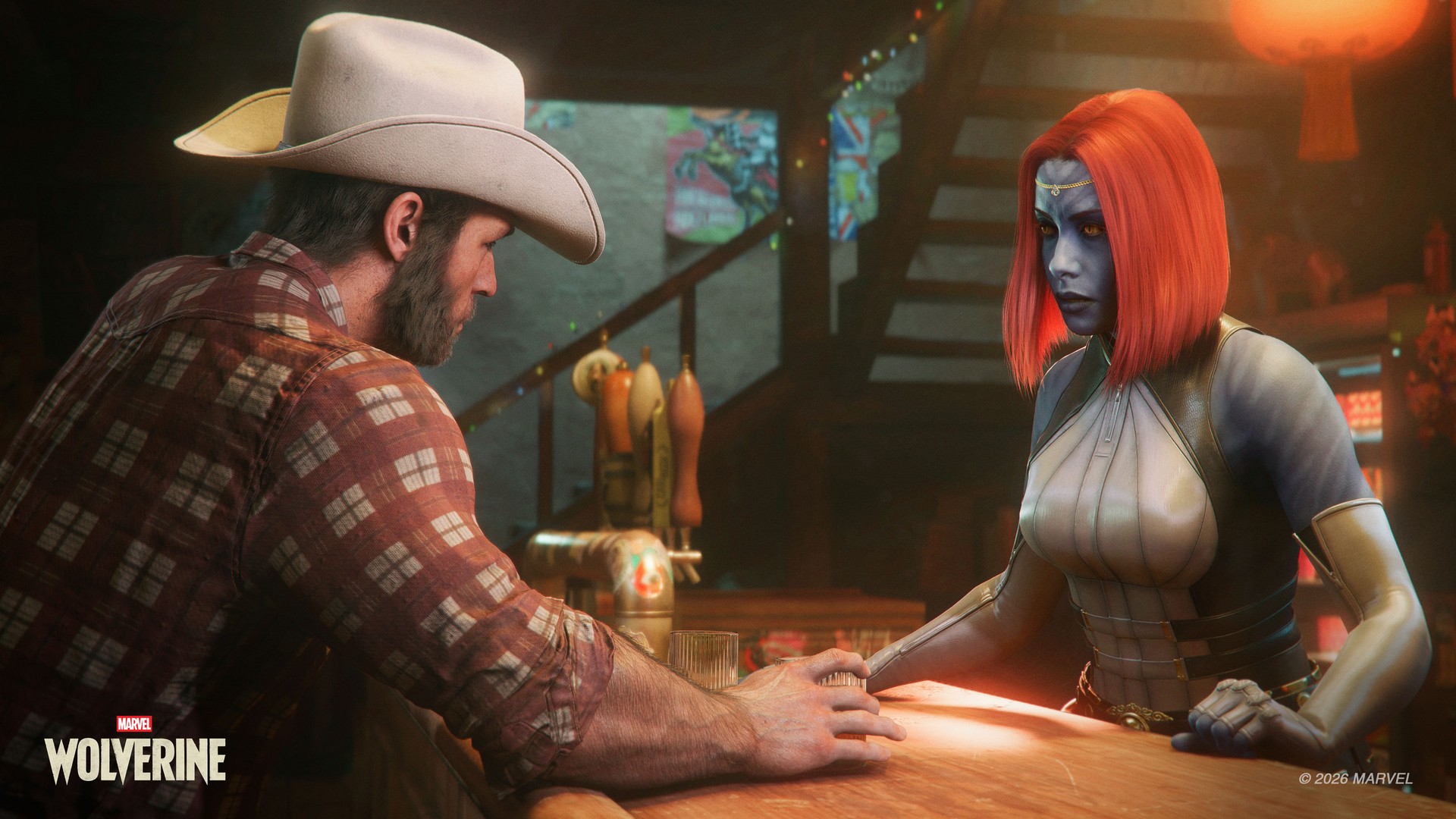 Logan wears a cowboy hat and talks to Mystique at a table in Marvel's Wolverine for PS5
