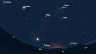This sky map shows some of the brightest stars and constellations in the night sky shortly after sunset, as seen from New York City.