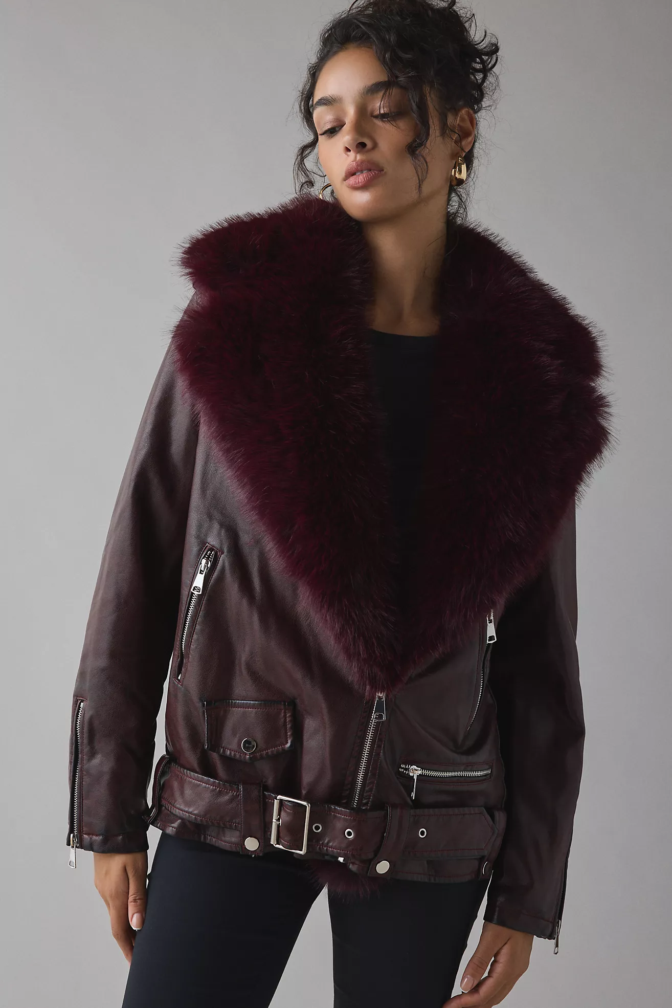 Azalea Wang Aurelia Faux Fur Trim Faux Leather Moto Jacket