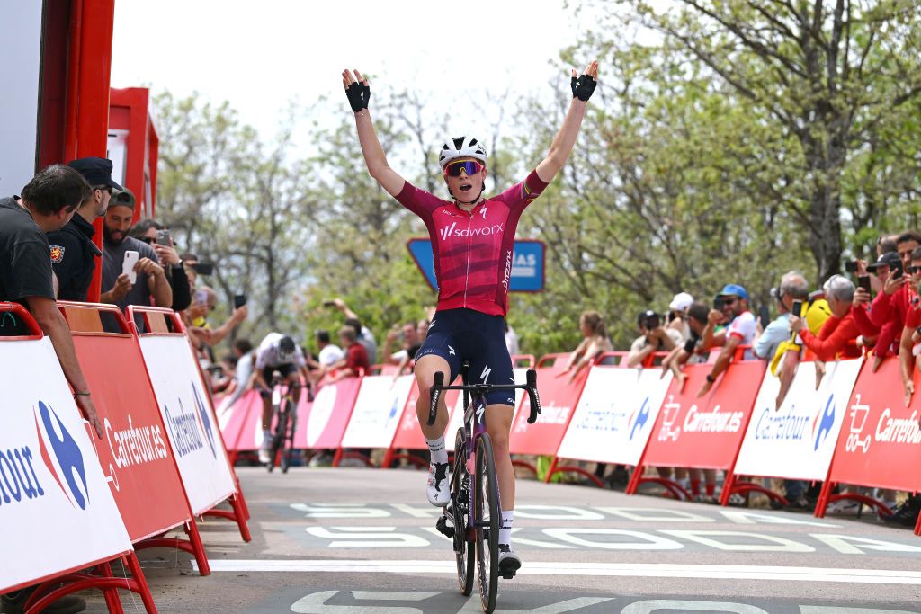 MIRADOR DE PEAS LLANAS SPAIN MAY 05 Demi Vollering of The Netherlands and Team SD Worx Pink UCI Womens WorldTour Leader Jersey celebrates at finish line as stage winner during the 9th La Vuelta Femenina 2023 Stage 5 a 1292km stage from La Cabrera to Mirador de Peas Llanas 1479m UCIWWT on May 05 2023 in Mirador de Peas Llanas Spain Photo by Dario BelingheriGetty Images