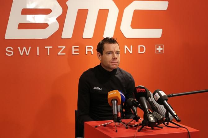 Cadel Evans speaks at the BMC team presentation