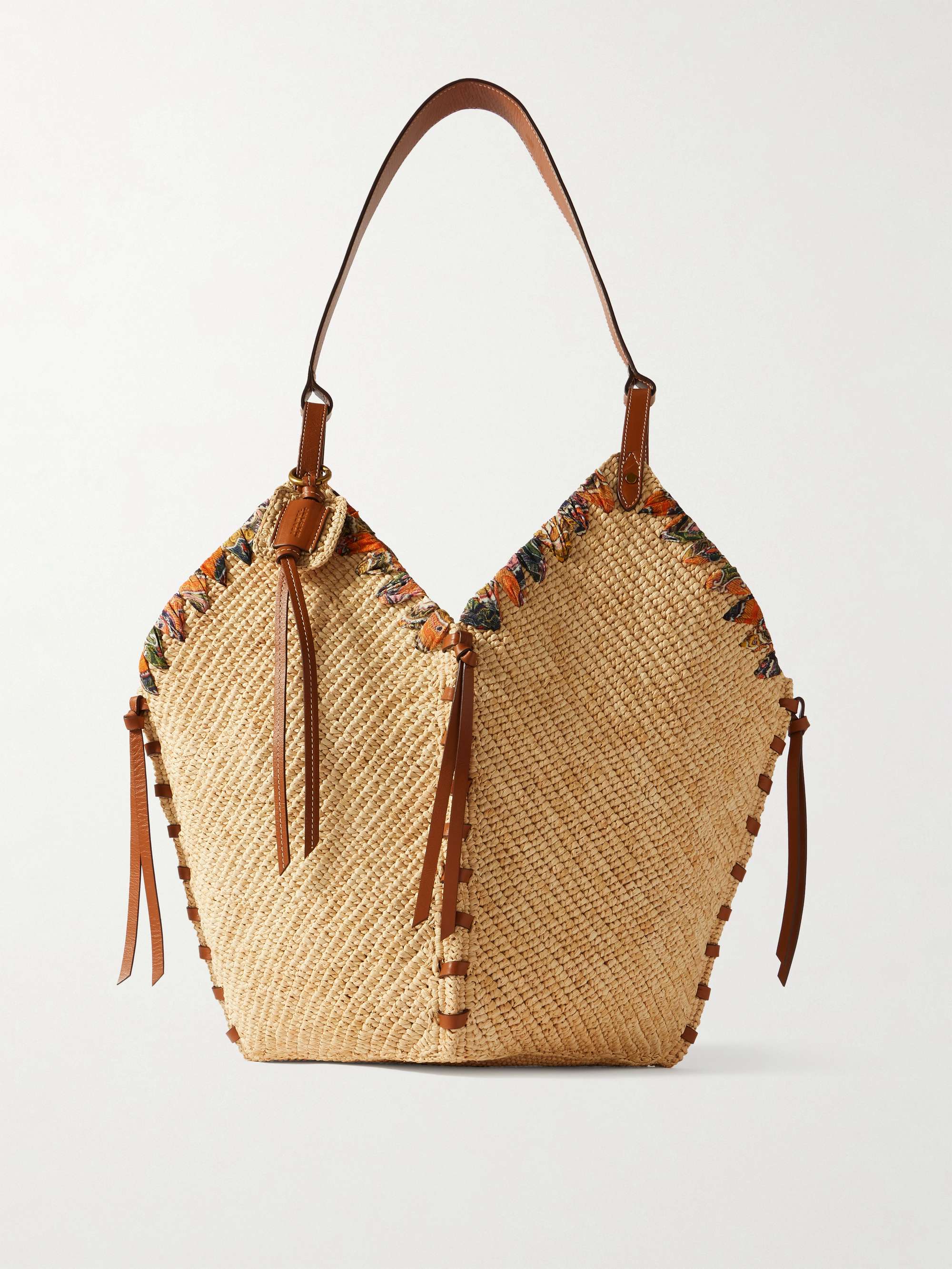 Tampa Whipstitched Leather and Printed Silk-Trimmed Raffia Shoulder Bag