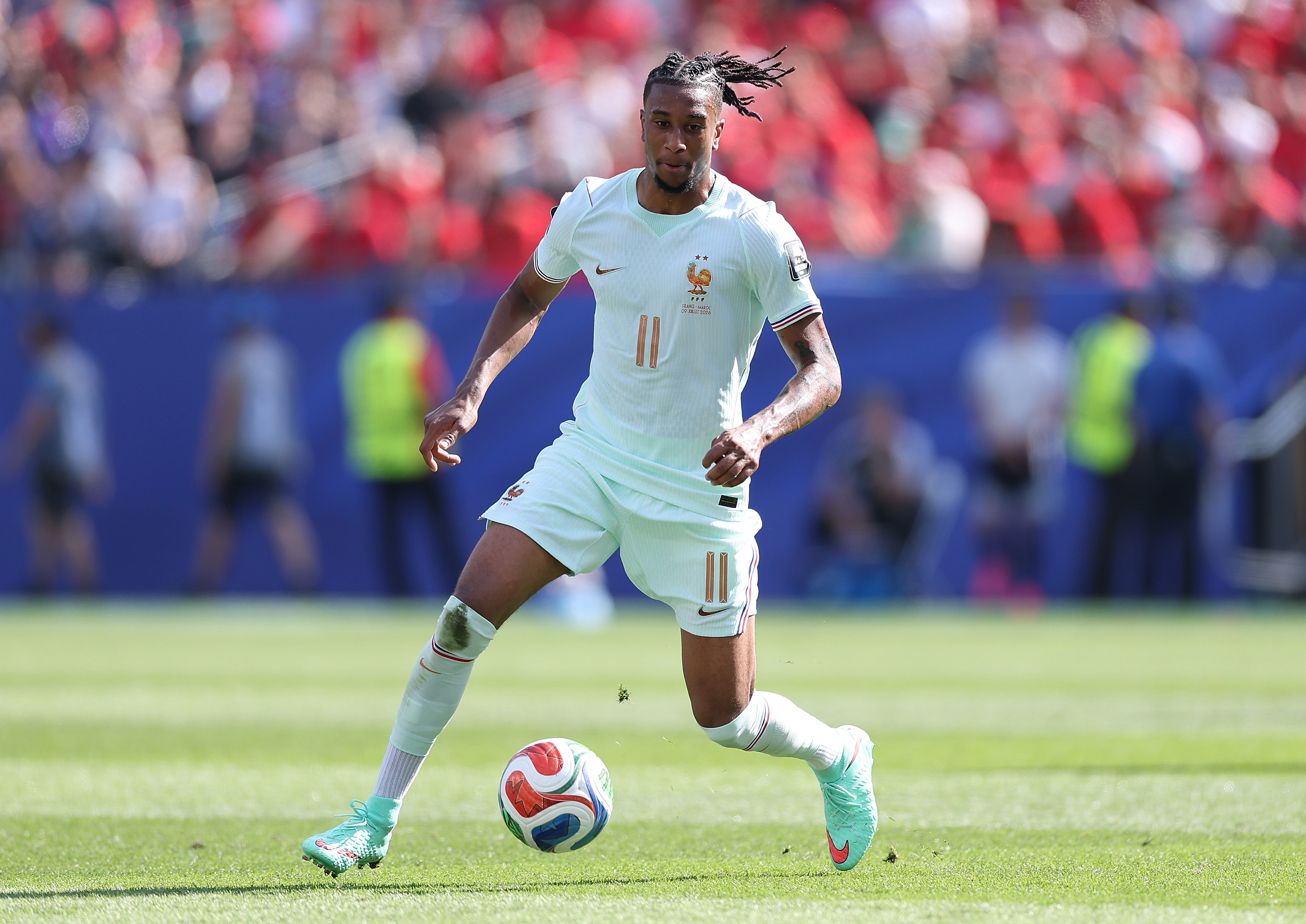FOXBOROUGH, MASSACHUSETTS - JULY 09:  Michael Olise #11 of France looks on during the FIFA World Cup 2026 Quarter Final match between France and Morocco at Boston Stadium on July 09, 2026 in Foxborough, Massachusetts. (Photo by Kevin C. Cox/Getty Images)