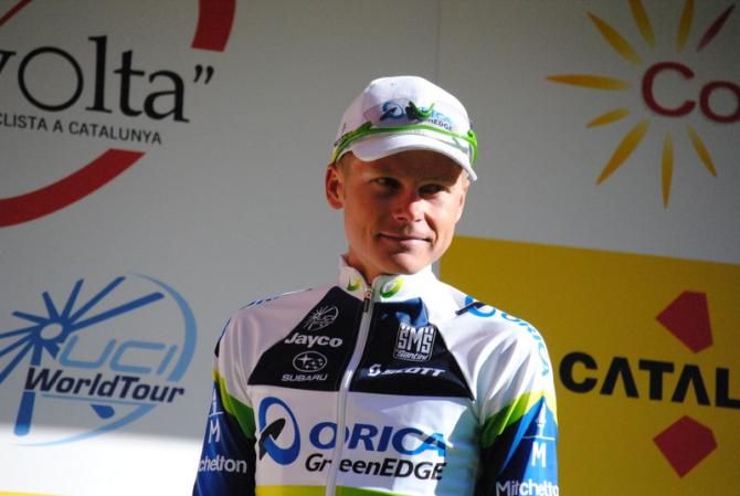 Christian Meier (Orica-GreenEdge) on stage to receive the sprint classification jersey.