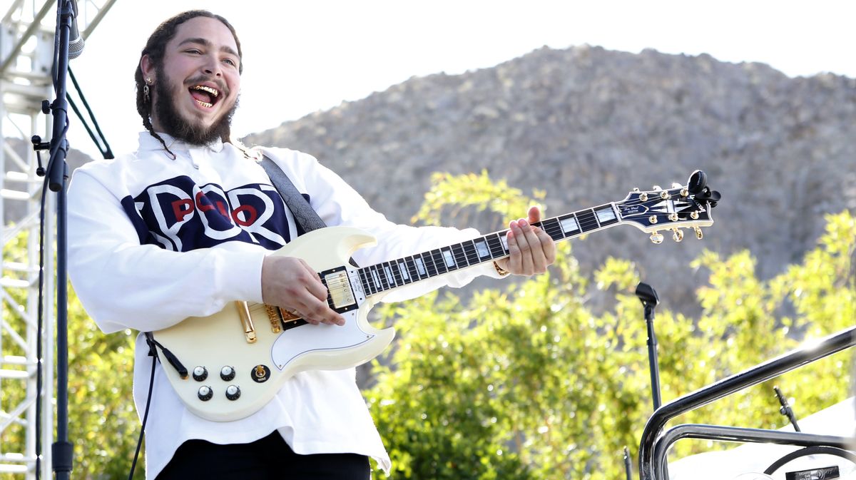 Post Malone performs on stage at the Coachella Republic Records Jaegermeister Party at Republic House on April 17, 2016 in Palm Springs, California